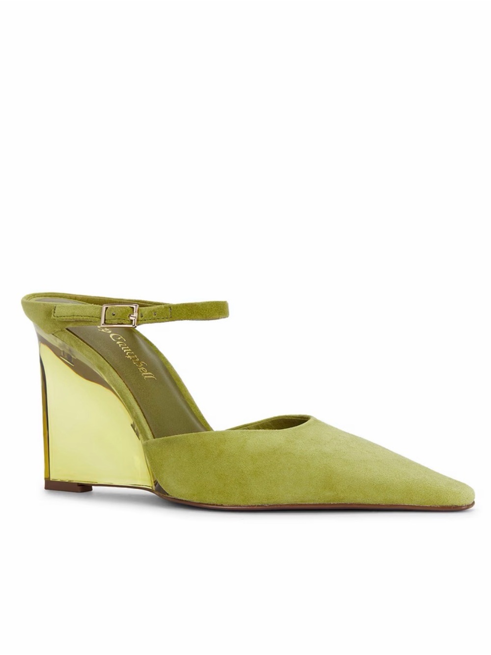 Jeffrey Campbell Chartreuse Suede Pointed Toe Wedge Mule with Ankle Strap